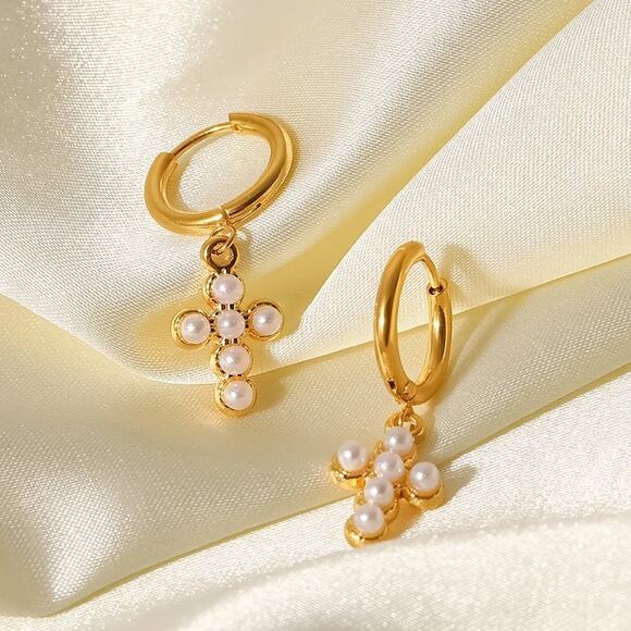 Pearl‎ Cross Dangle Hoop Earrings 18K Gold Plated Stainless Steel - Picture 1 of 7